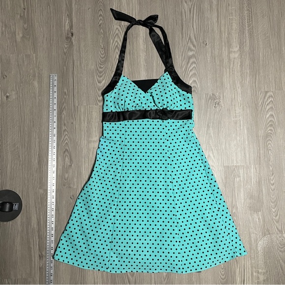 Ruby Rox Teal Black Polka Dot Halter Pin Up Dress - Picture 2 of 7